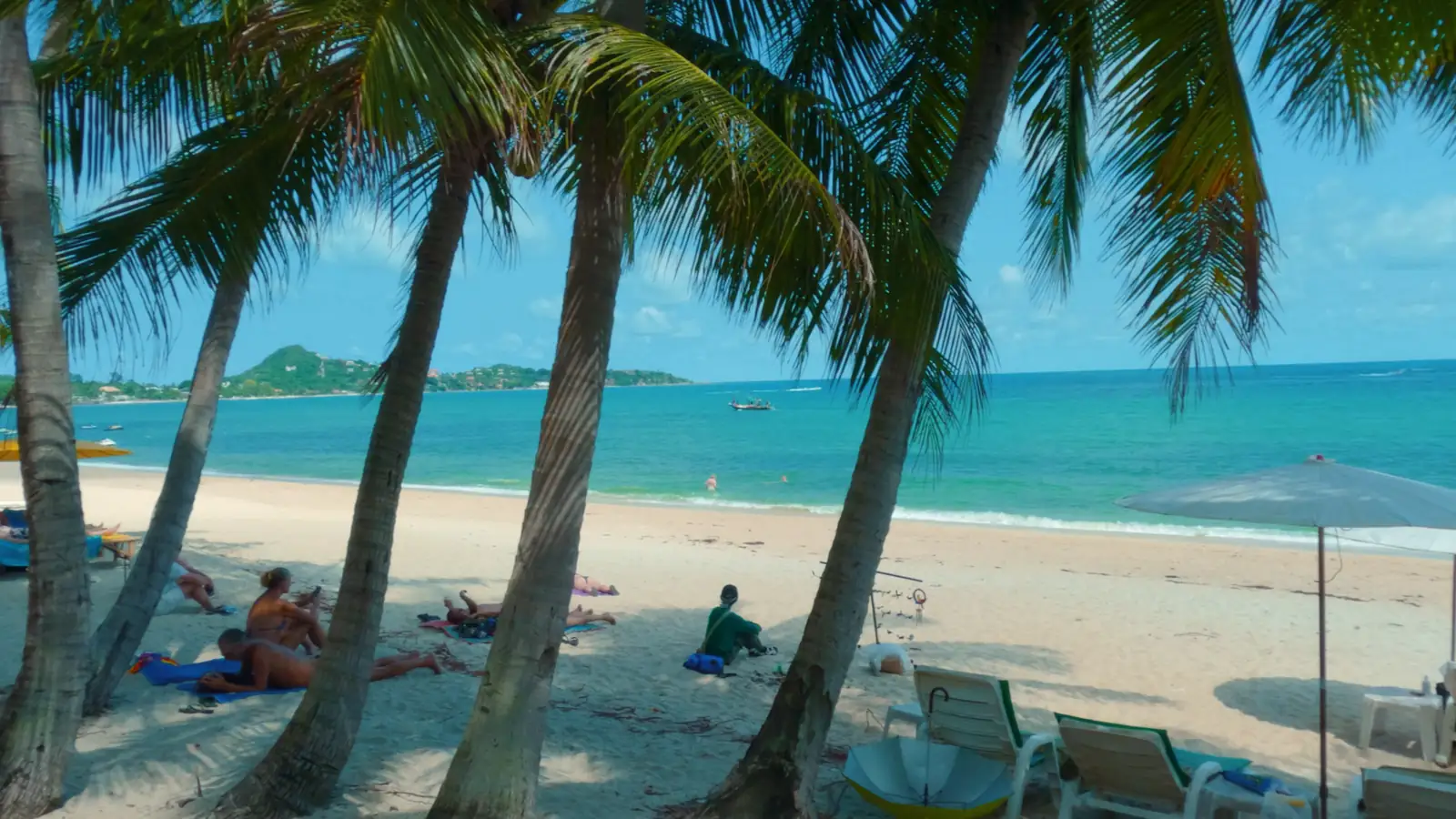 Palm trees framing a beach and blue water on Koh Samui.